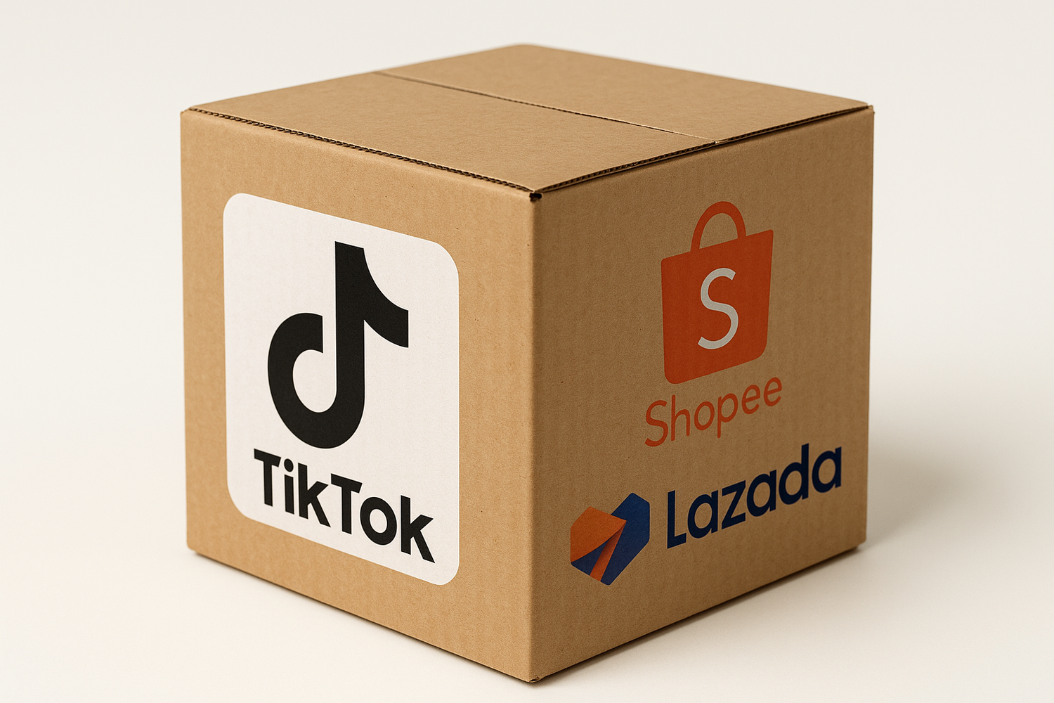 Shipping box with TikTok, Shopee, and Lazada logos